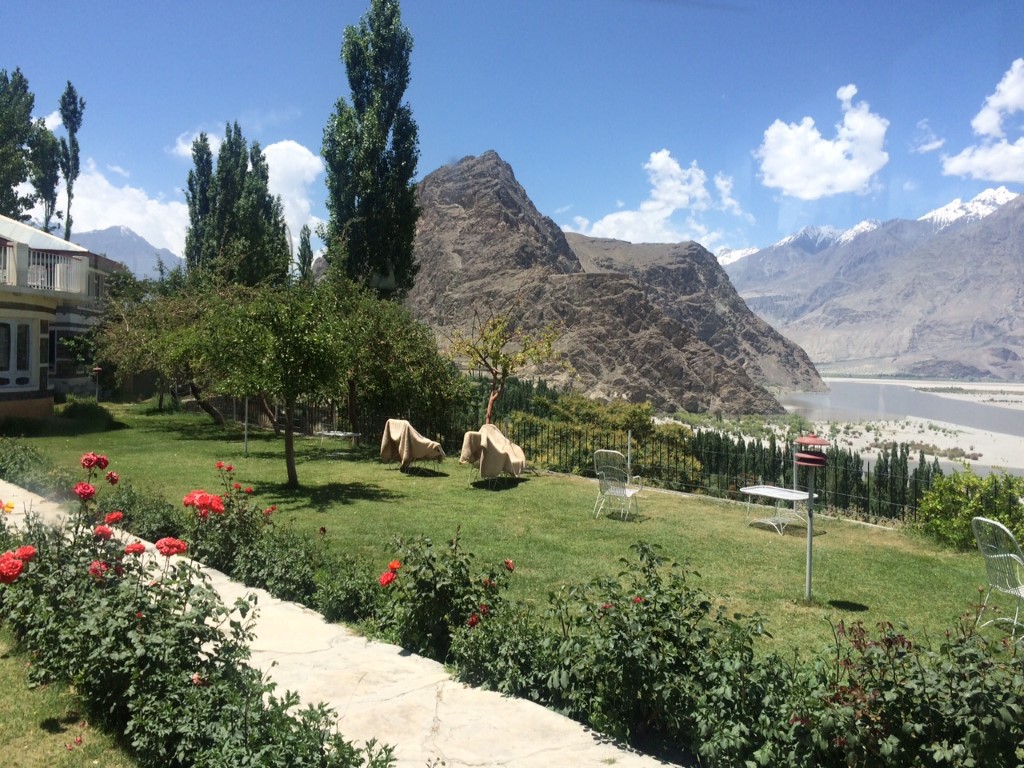 The serene view of Skardu from the garden of the hotel 