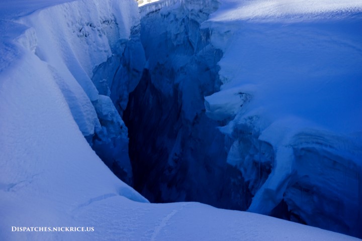 One of the massive crevasses we must cross in order to reach Camp I. The snow bridge visible on the right hand side of the photo is only safe to pass when the snow is hard (during a clear night with very low temperatures).